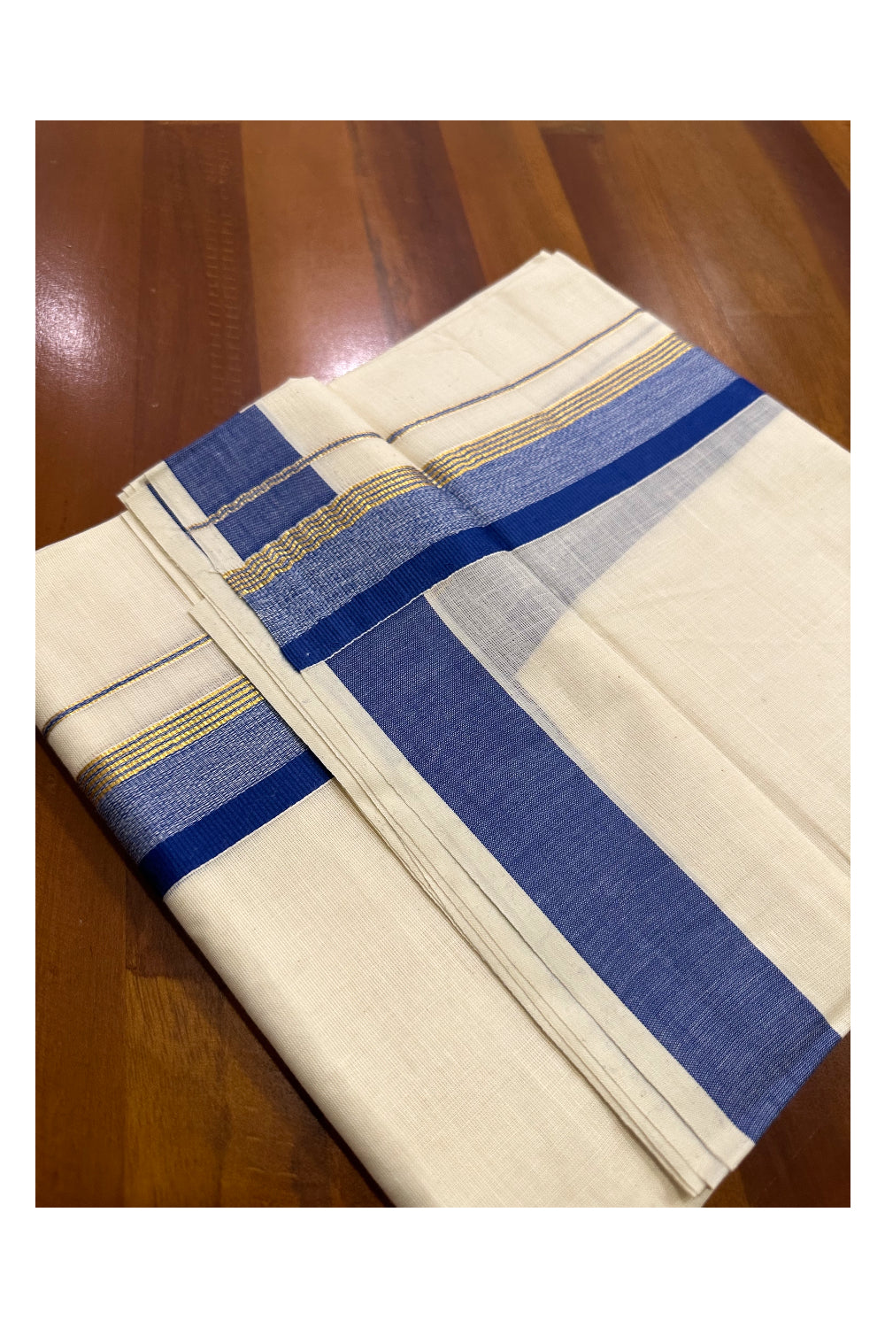 Kerala Cotton Double Mundu with Blue and Kasavu Border (Onam Mundu 2023)