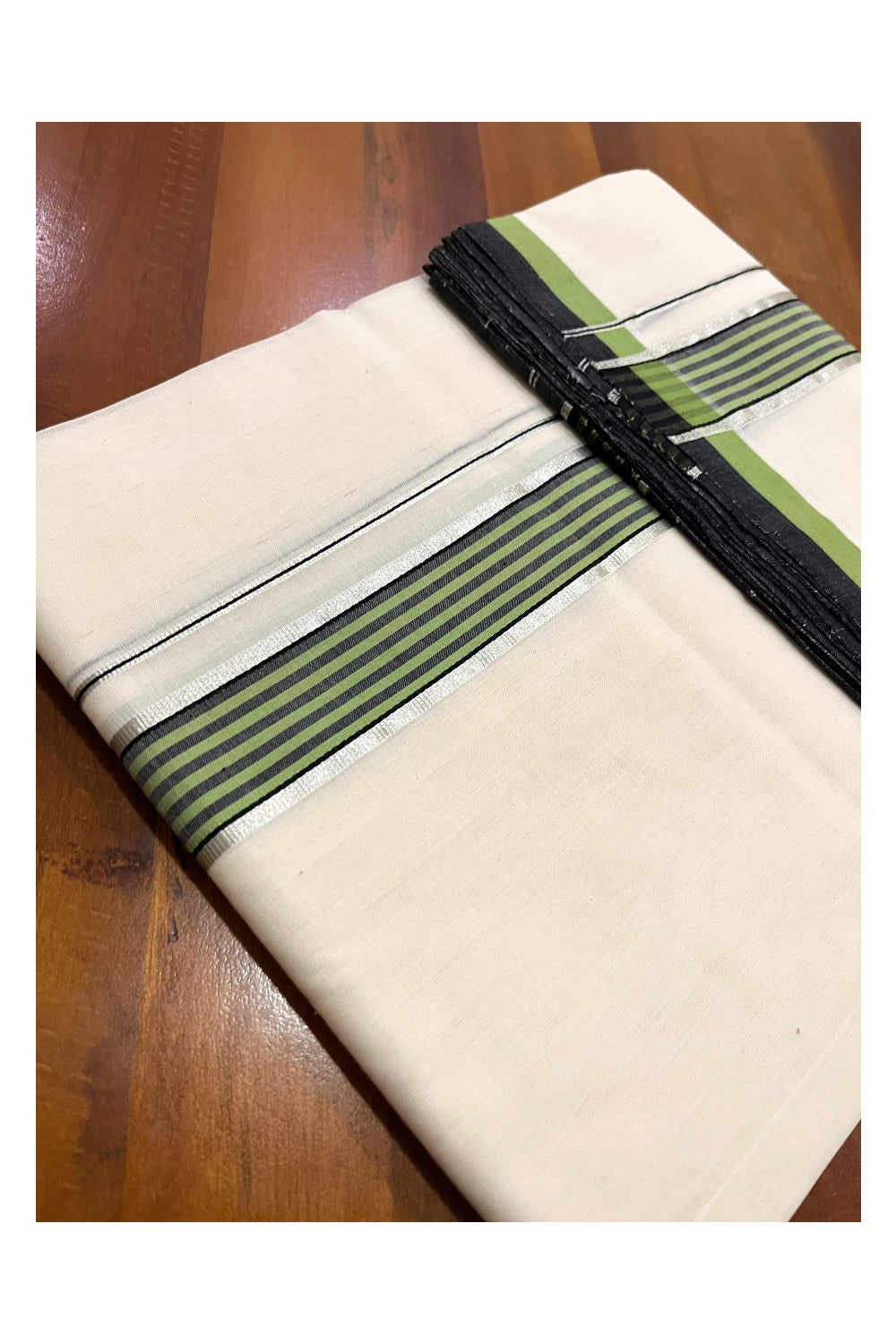 Southloom Premium Balaramapuram Unakkupaavu Handloom Mundu with Green Black and Silver Kasavu Border (South Indian Kerala Dhoti)