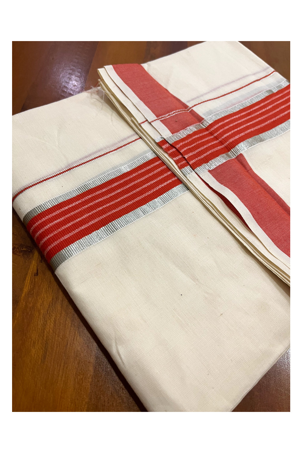 Kerala Cotton Double Mundu with Orange and Silver Kasavu Line Border (Onam Mundu 2023)