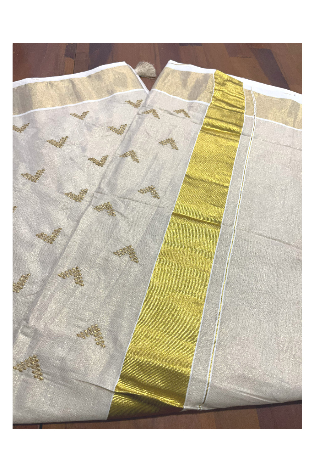 Kerala Tissue Kasavu Saree with Golden Butta Works Across Body (Onam Saree 2023)