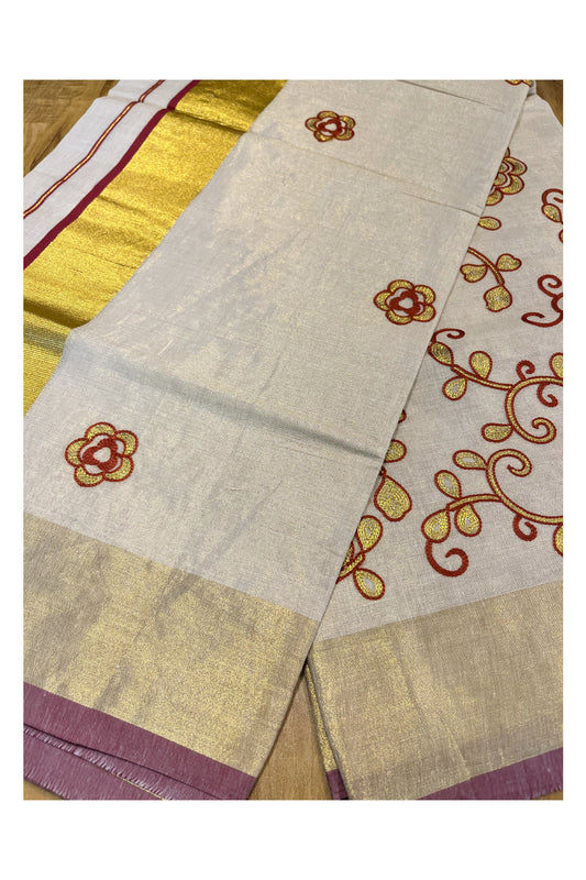 Kerala Tissue Kasavu Saree With Brown and Golden Floral Embroidery Works