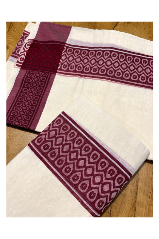 Kerala Cotton Single Set Mundu (Mundum Neriyathum) with Maroon Block print Border 2.80Mtrs