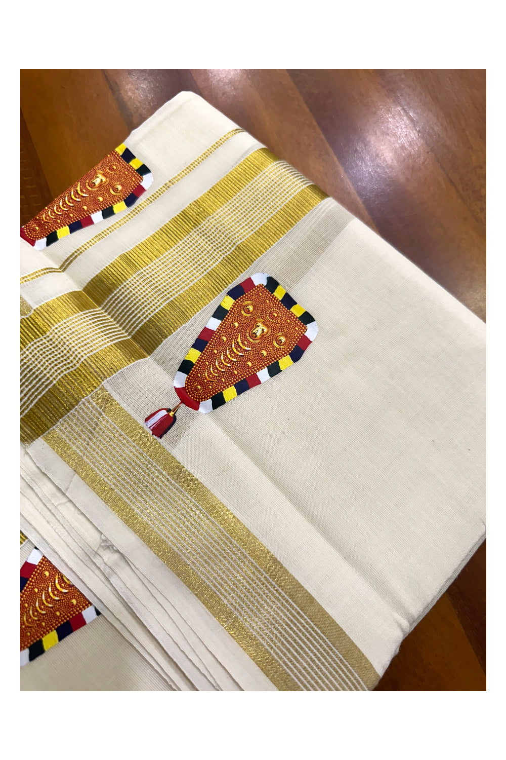 Southloom Lines Kasavu Double Mundu with Mural Print Along Kara