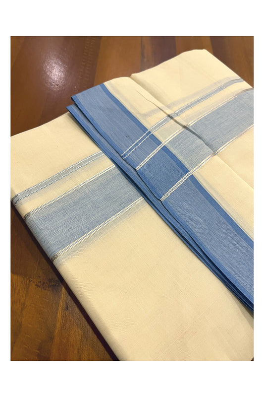 Pure Cotton 100x100 Double Mundu with Silver Kasavu and Blue Kara (Onam Mundu 2023)