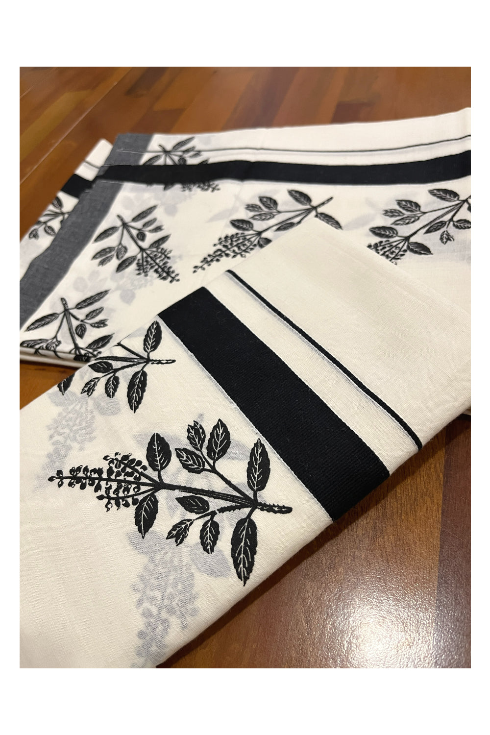 Kerala Cotton Set Mundu (Mundum Neriyathum) with Black Thulasi Kathir Block Prints 2.80 Mtrs