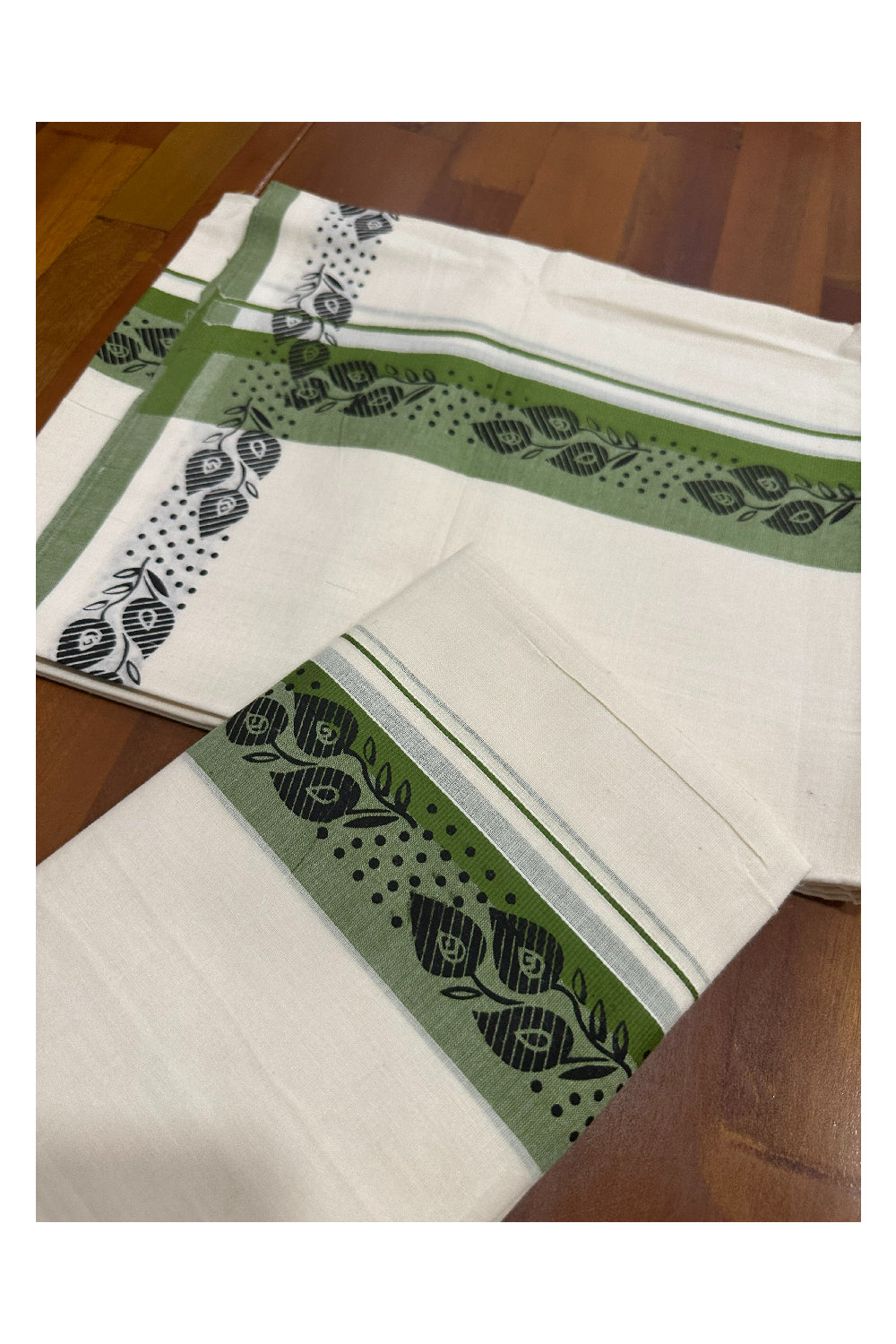 Kerala Cotton Set Mundu (Mundum Neriyathum) with Block Prints on Green Border (Onam Set Mundu 2023)