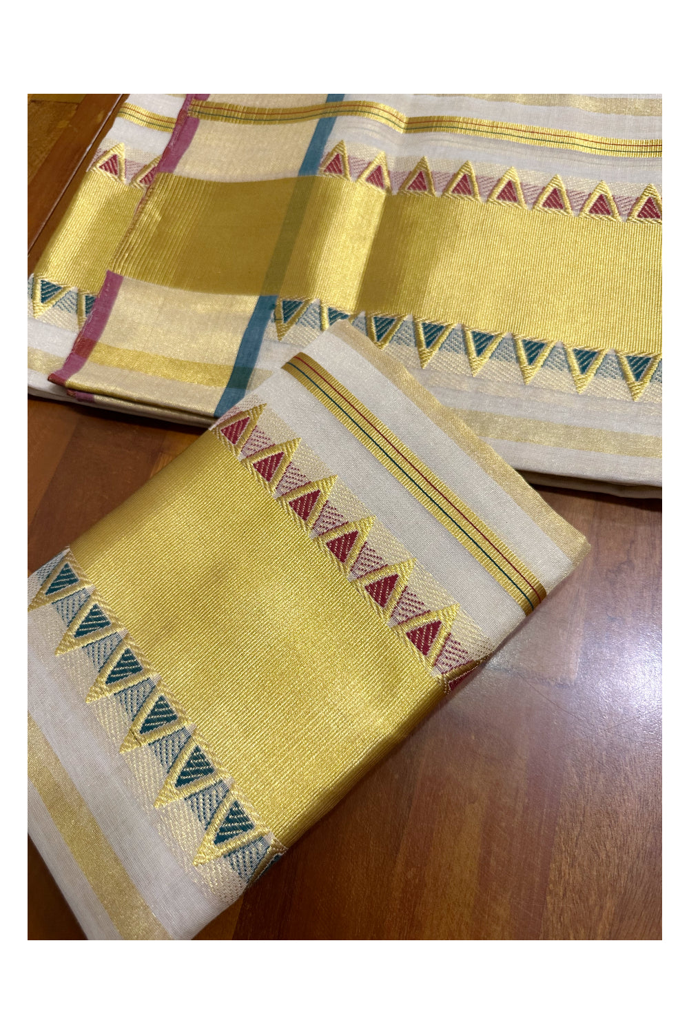 Southloom Handloom Premium Tissue Kasavu Set Mundu Green And Maroon Temple Woven Patterns With Kasavu Lines Across Body (Mundum Neriyathum) 2.70 Mtrs