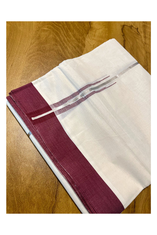 Pure Cotton Off White Double Mundu with Silver Kasavu and Maroon Chutti Border (South Indian Kerala Dhoti)