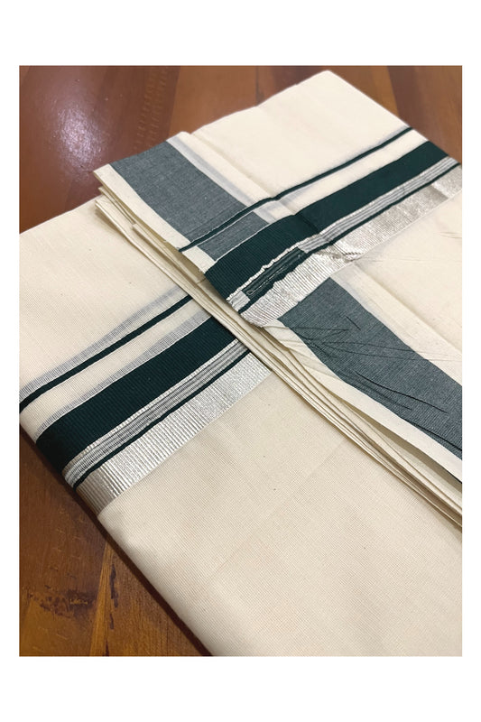 Pure Cotton Kerala Double Mundu with Dark Green and Silver Kasavu Kara (South Indian Kerala Dhoti)