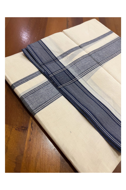 Pure Cotton 100x100 Double Mundu with Dark Blue and Silver Kasavu Line Border (Onam Mundu 2023)