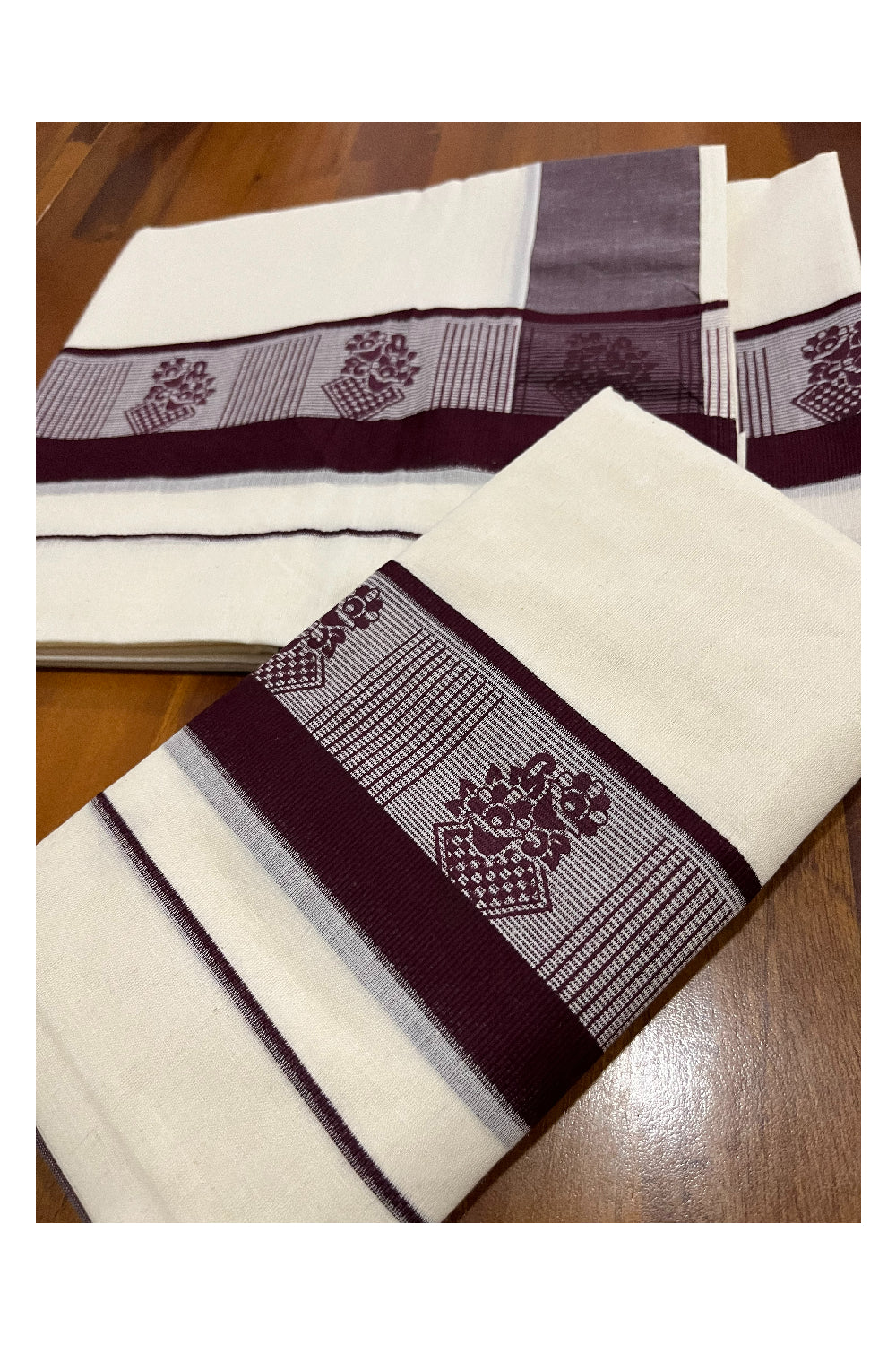 Southloom Pure Cotton Kerala Single Set Mundu with Purple Block Prints on Border (Onam Set Mundu 2023)