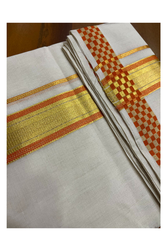 Premium Balaramapuram Handloom Unakkupaavu Cotton Double Mundu with Kasavu and Orange Paa Neythu Border (Onam 2024 Collection)