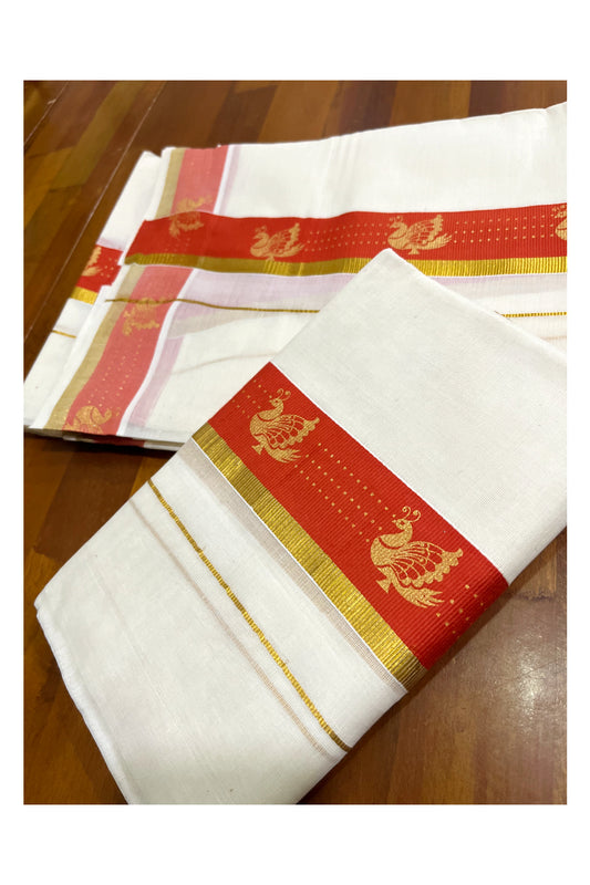 Kerala Pure Cotton Single Set Mundu (Mundum Neriyathum) with Block Prints on Orange and Kasav Border