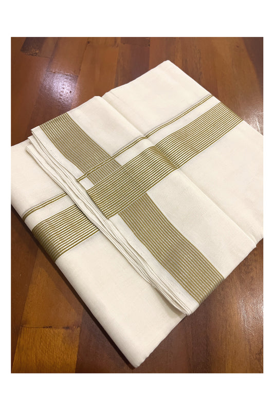 Southloom Premium Handloom Cotton Double Mundu with Silver Kasavu and Olive Green Lines Border (South Indian Kerala Dhoti)