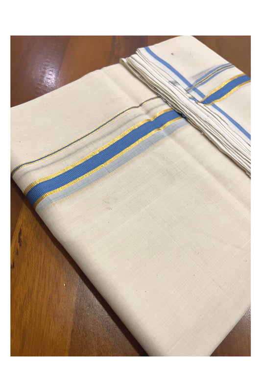 Southloom Premium Balaramapuram Unakkupaavu Handloom Mundu with Blue Puliyilakkara Kasavu Border (South Indian Kerala Dhoti)