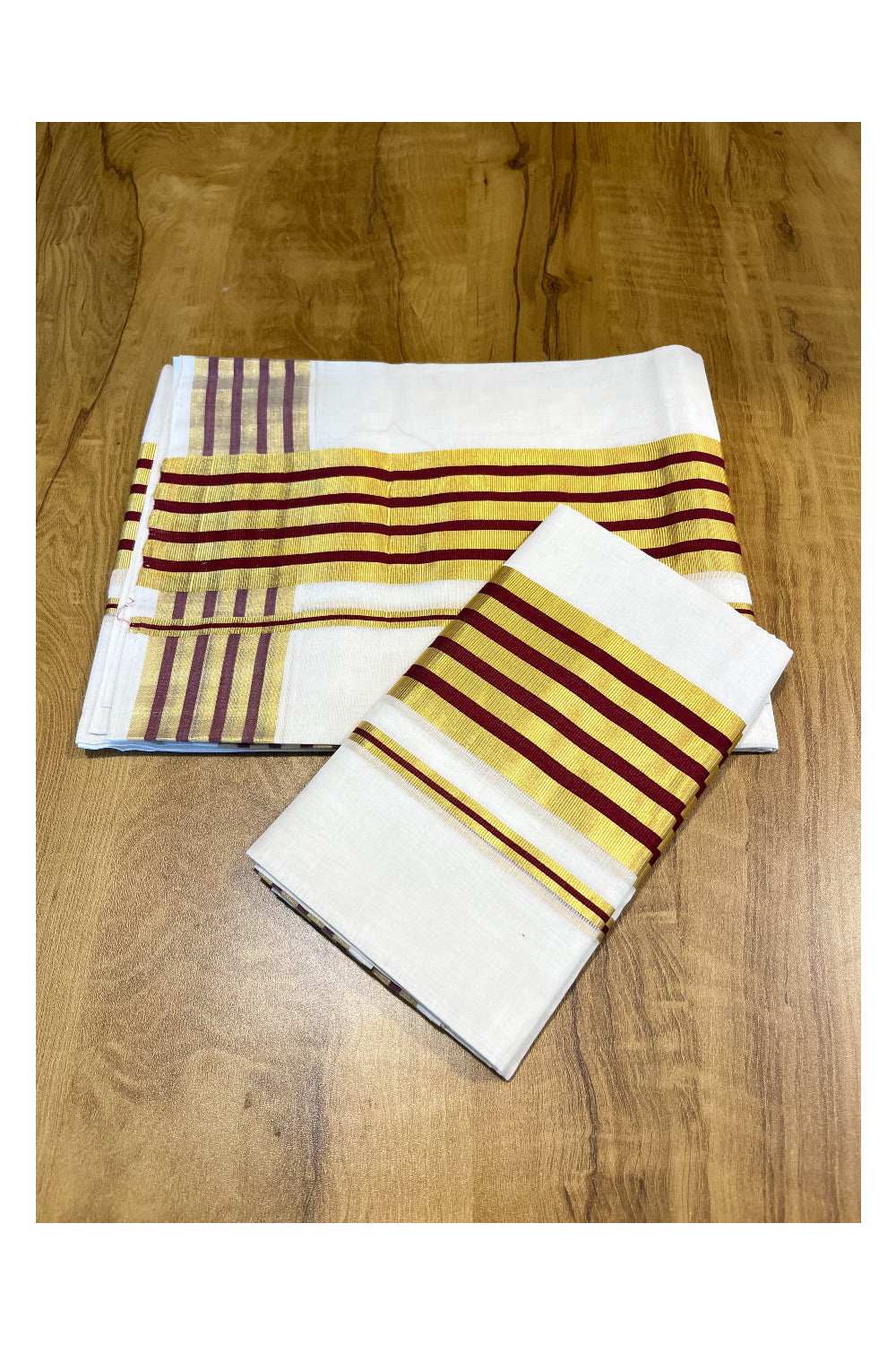 Southloom  Premium Handloom Cotton Set Mundu (Mundum Neriyathum) with Kasavu and Maroon Lines Border 2.80 Mtrs