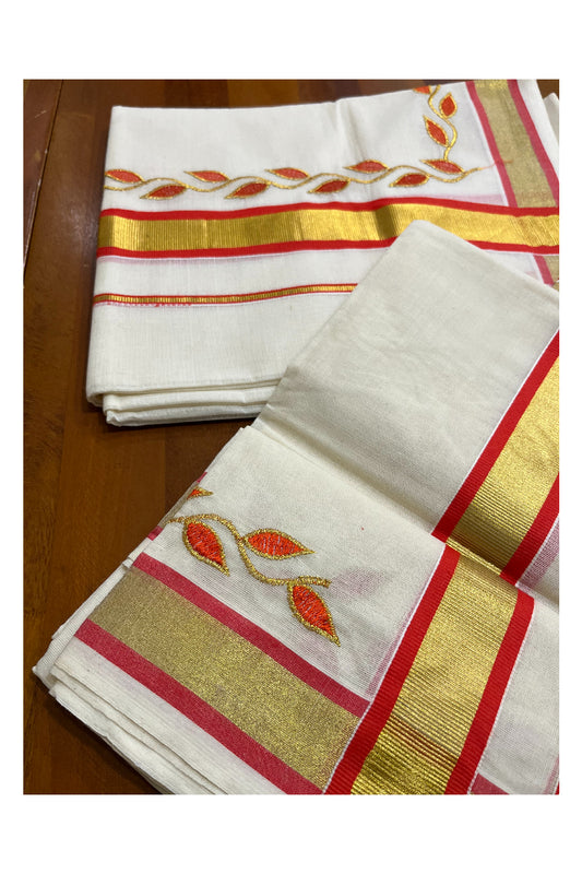 Kerala Cotton Mundum Neriyathum Single (Set Mundu) with Orange Golden Floral Embroidery Designs in Orange and Kasavu Border