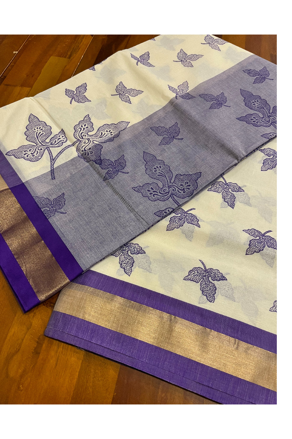 Pure Cotton Kerala Saree with Viole Block Print Leaf Designs and Kasavu Border (Vishu 2024 Collection)