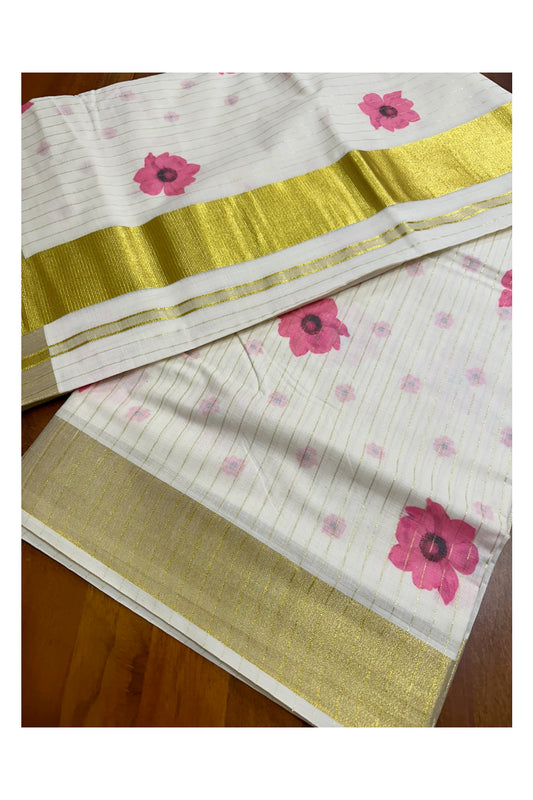 Southloom Onam Special Kasavu Lines Saree with Digital Printed Classy Floral Designs in Pink  (Printed Matching Blouse Included)