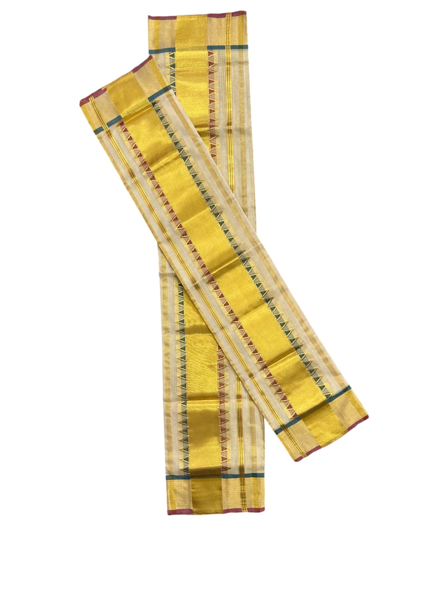 Southloom Handloom Premium Tissue Kasavu Set Mundu Green And Maroon Temple Woven Patterns With Kasavu Lines Across Body (Mundum Neriyathum) 2.70 Mtrs