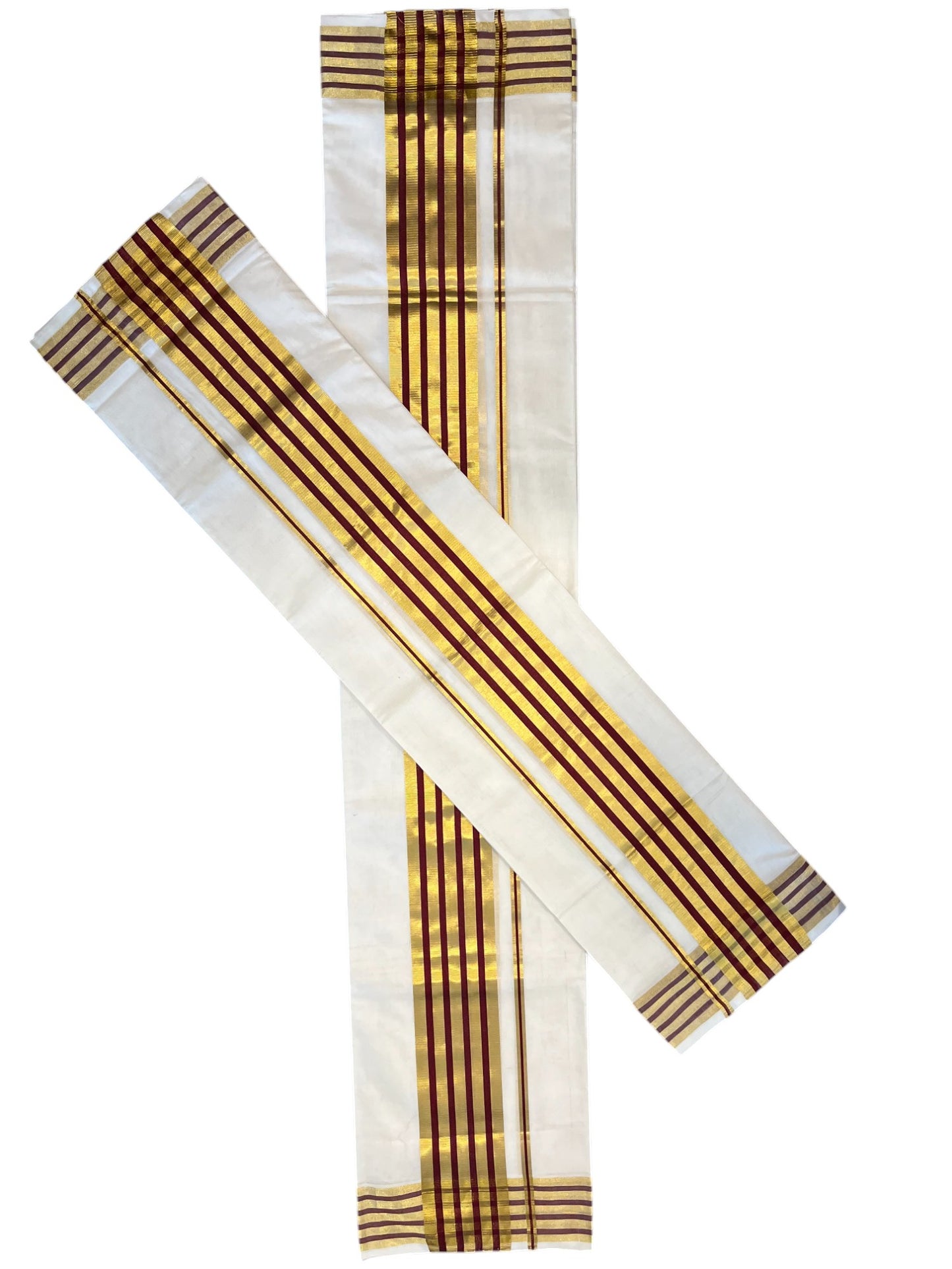 Southloom  Premium Handloom Cotton Set Mundu (Mundum Neriyathum) with Kasavu and Maroon Lines Border 2.80 Mtrs