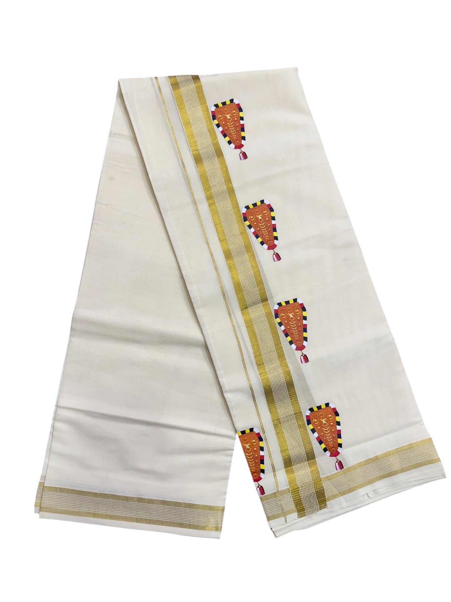 Southloom Lines Kasavu Double Mundu with Mural Print Along Kara