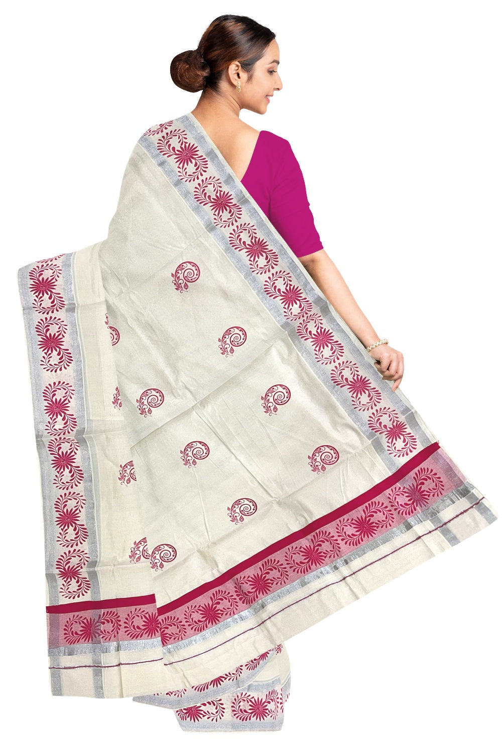 Pure Cotton Off White Kerala Saree with Pink Floral Block Printed Silver Border (Onam Saree 2023)