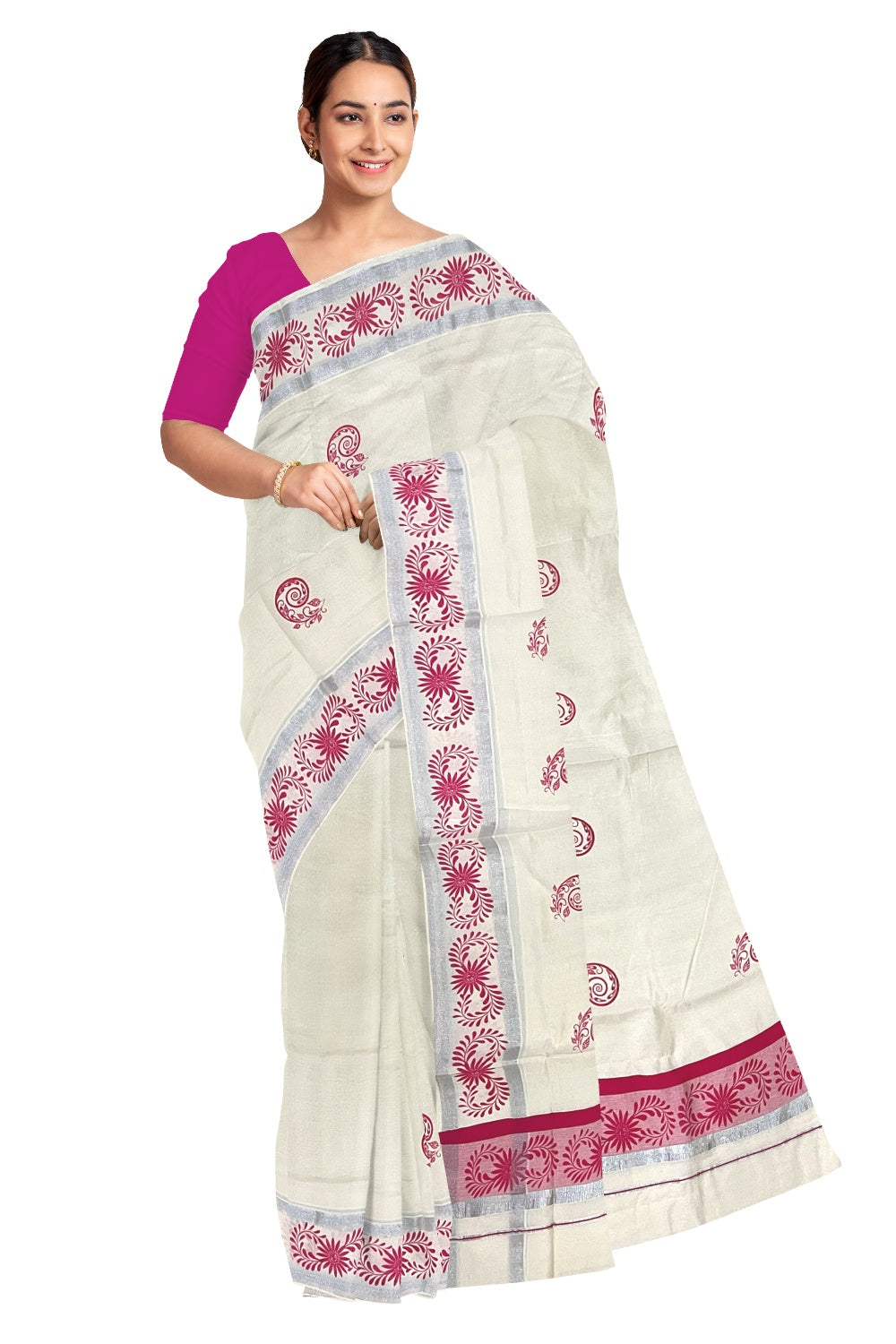 Pure Cotton Off White Kerala Saree with Pink Floral Block Printed Silver Border (Onam Saree 2023)