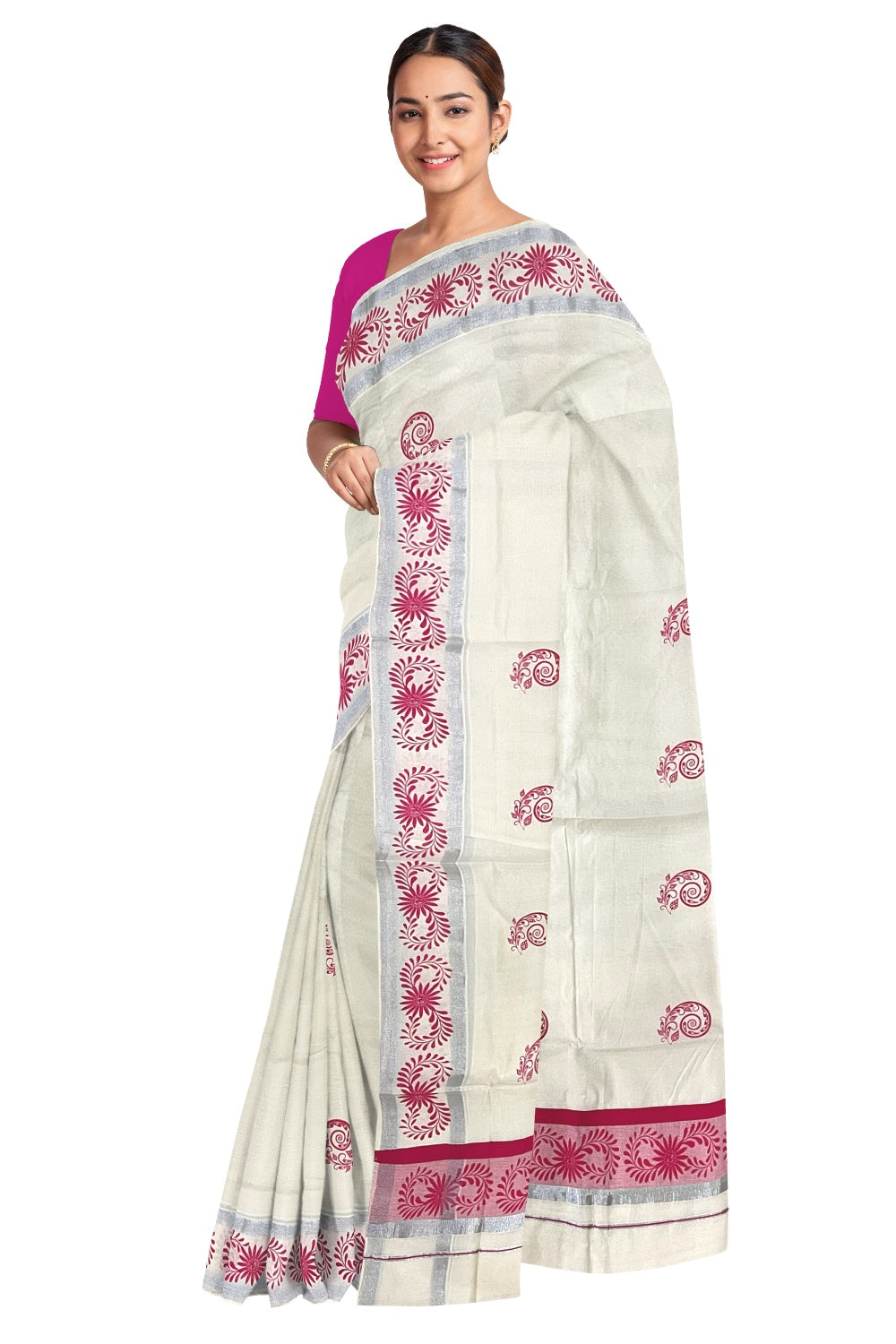 Pure Cotton Off White Kerala Saree with Pink Floral Block Printed Silver Border (Onam Saree 2023)