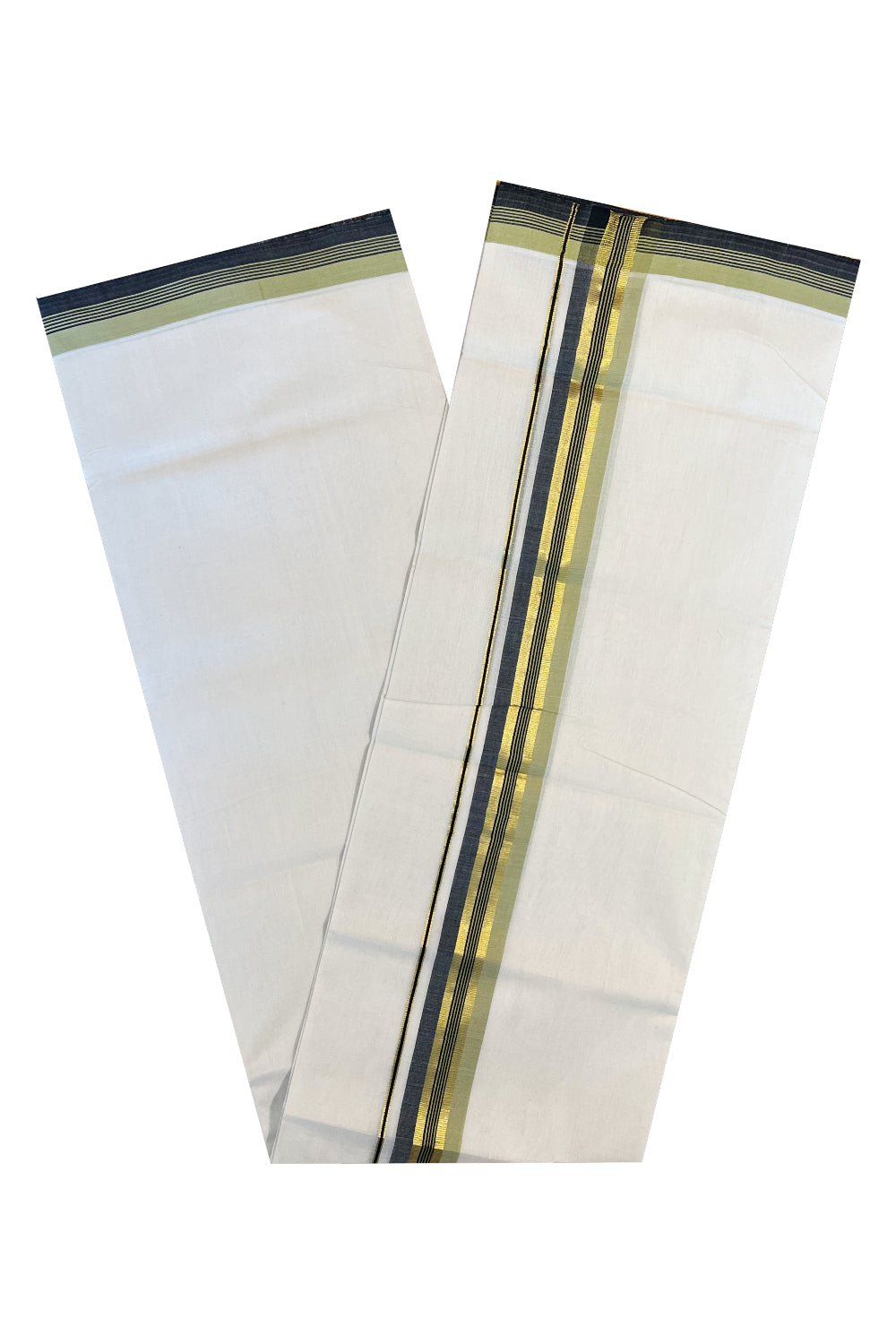 Southloom Premium Handloom Cotton Double Mundu with Kasavu And Black Green Lines Border