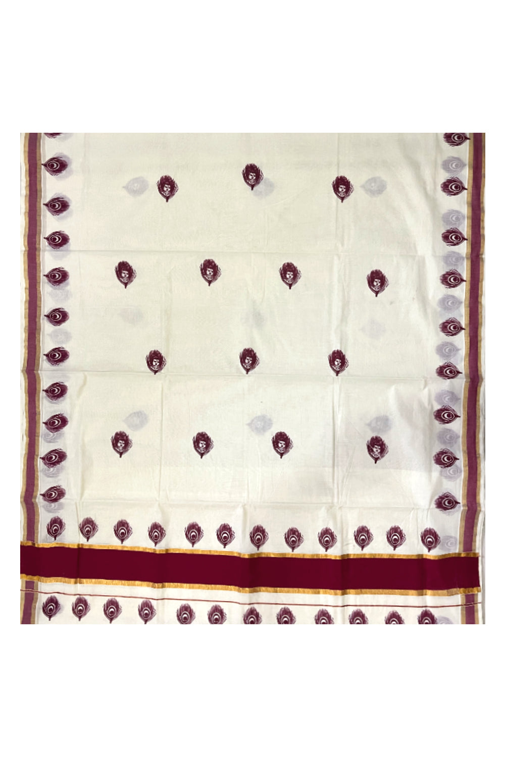 Pure Cotton Kerala Kasavu Saree with Krishna Block Printed Maroon Border