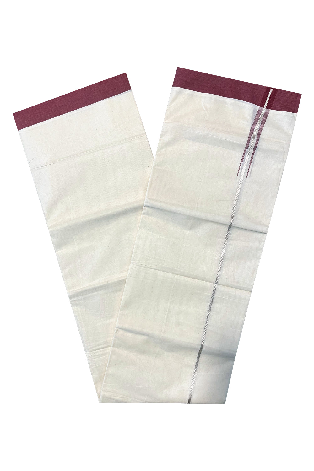 Pure Cotton Off White Double Mundu with Silver Kasavu and Maroon Chutti Border (South Indian Kerala Dhoti)