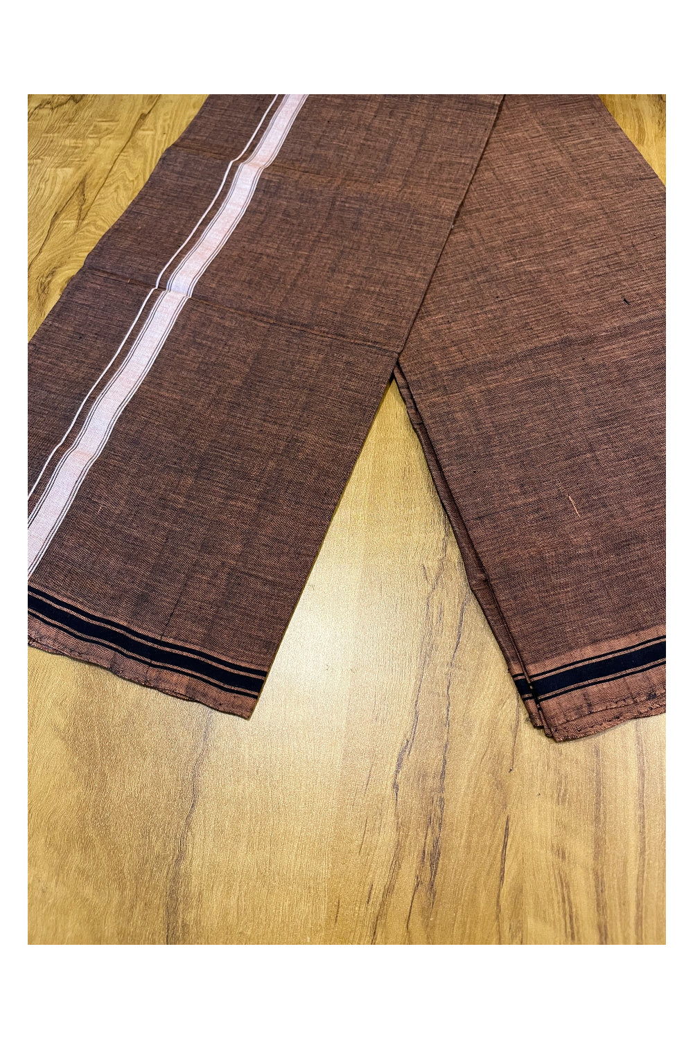 Southloom Premium Handloom Brown Solid Single Mundu (Lungi) with White And Black Border (South Indian Kerala Dhoti)