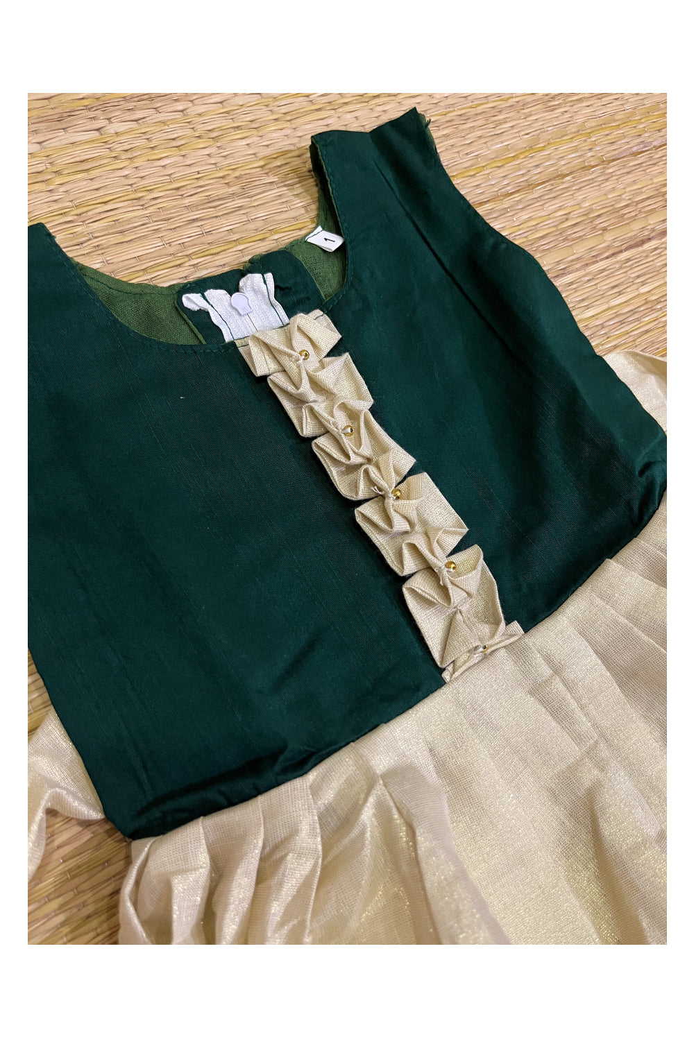 Southloom Kerala Tissue Frock with Green Bead Work Designs for Kids (1 Year)