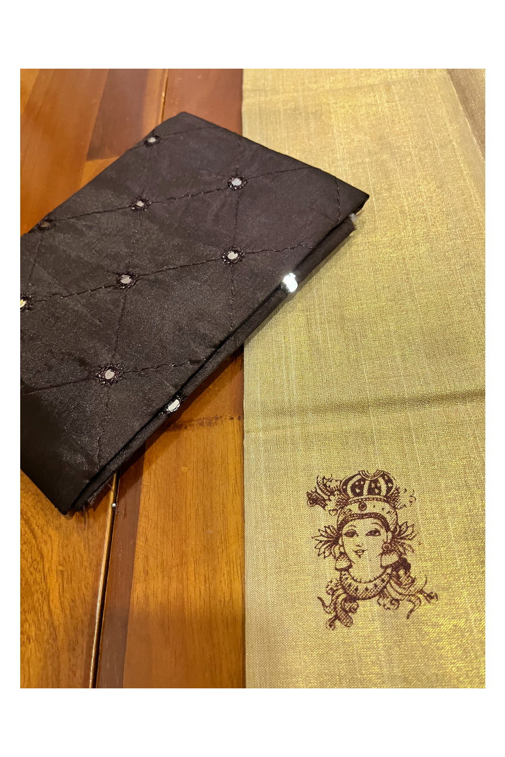 Kerala Tissue Block Printed Pavada and Brown Blouse Material for Kids 3 Meters