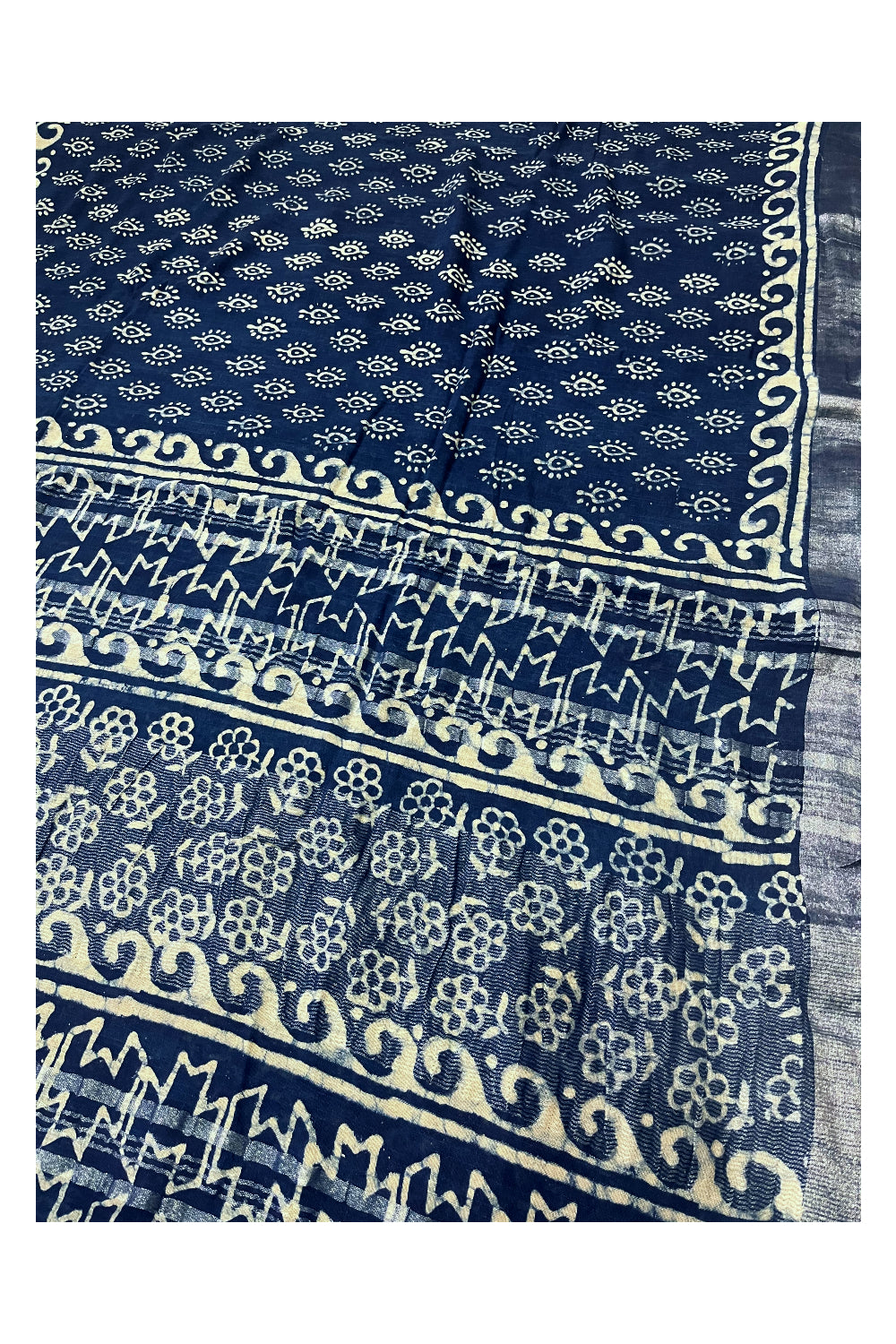 Southloom Linen Dark Blue Saree with Designer Prints on Body