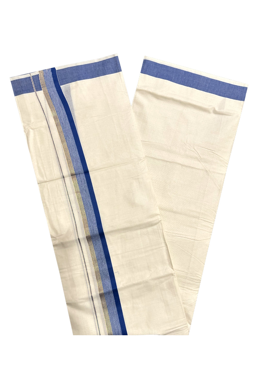 Kerala Cotton Double Mundu with Blue and Kasavu Border (Onam Mundu 2023)