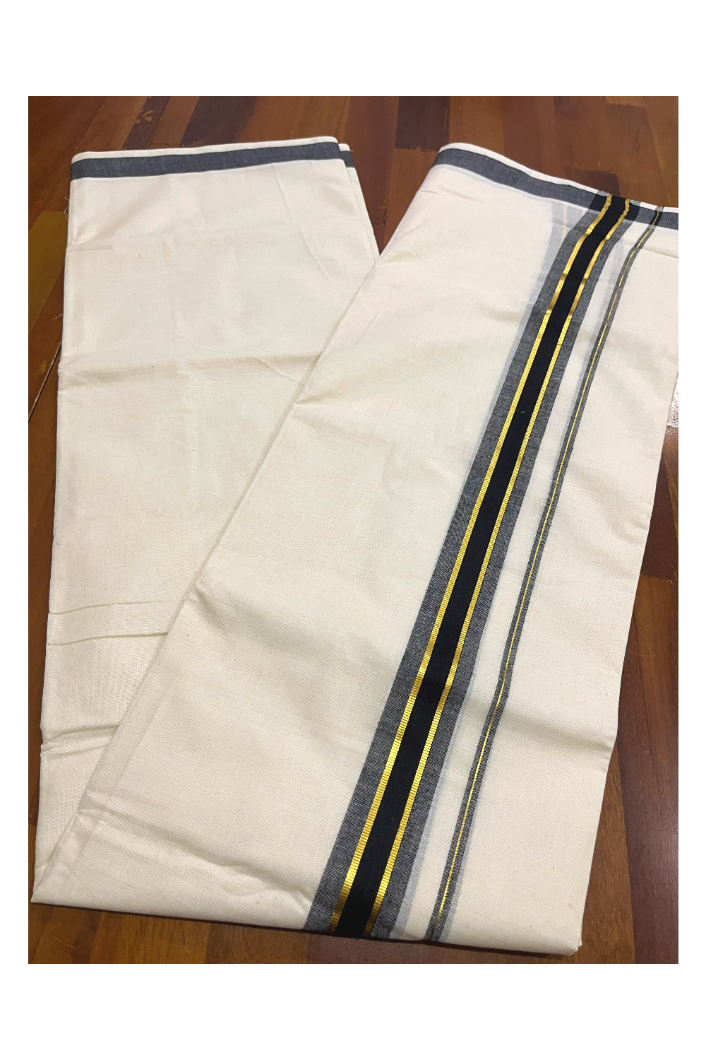 Off White Kerala Double Mundu with Black Kasavu Kara (South Indian Kerala Dhoti)