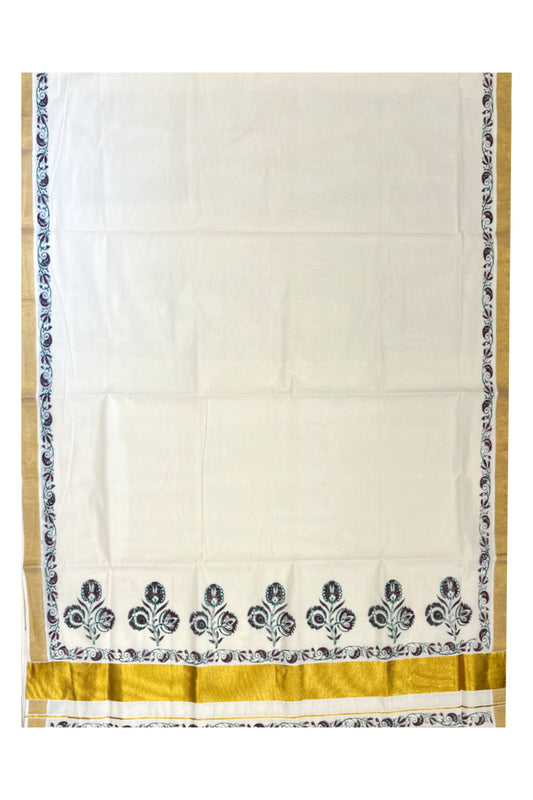 Southloom Cotton Kerala Kasavu Saree with Green and Purple Block Prints On Border