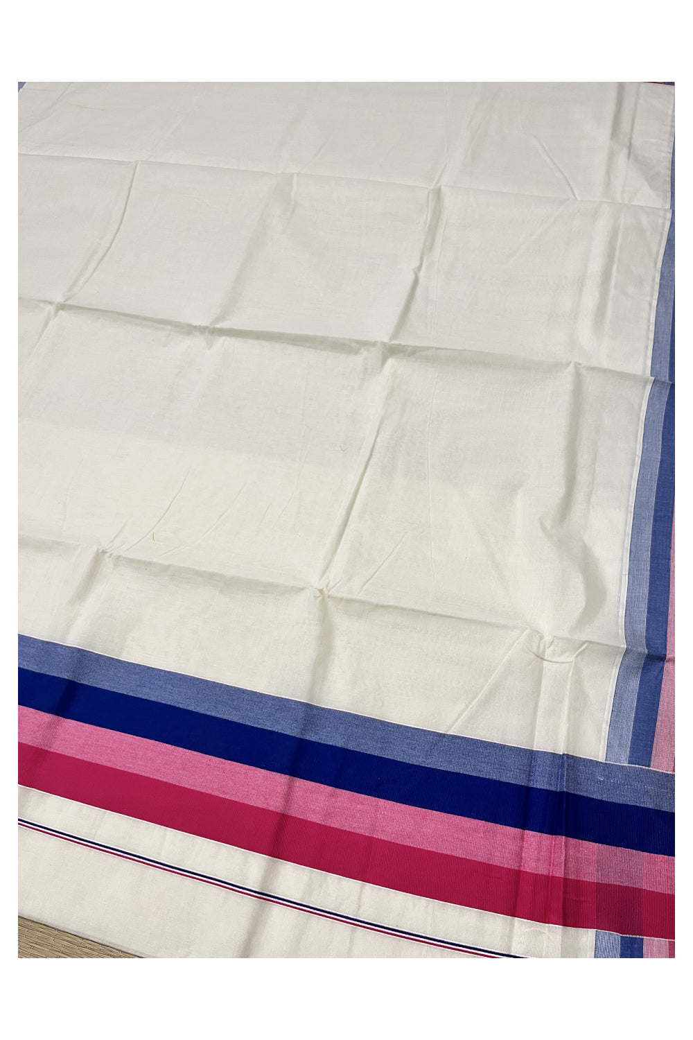 Pure Cotton Kerala Plain Saree with Pink Blue Border (Onam 2024 Collection)