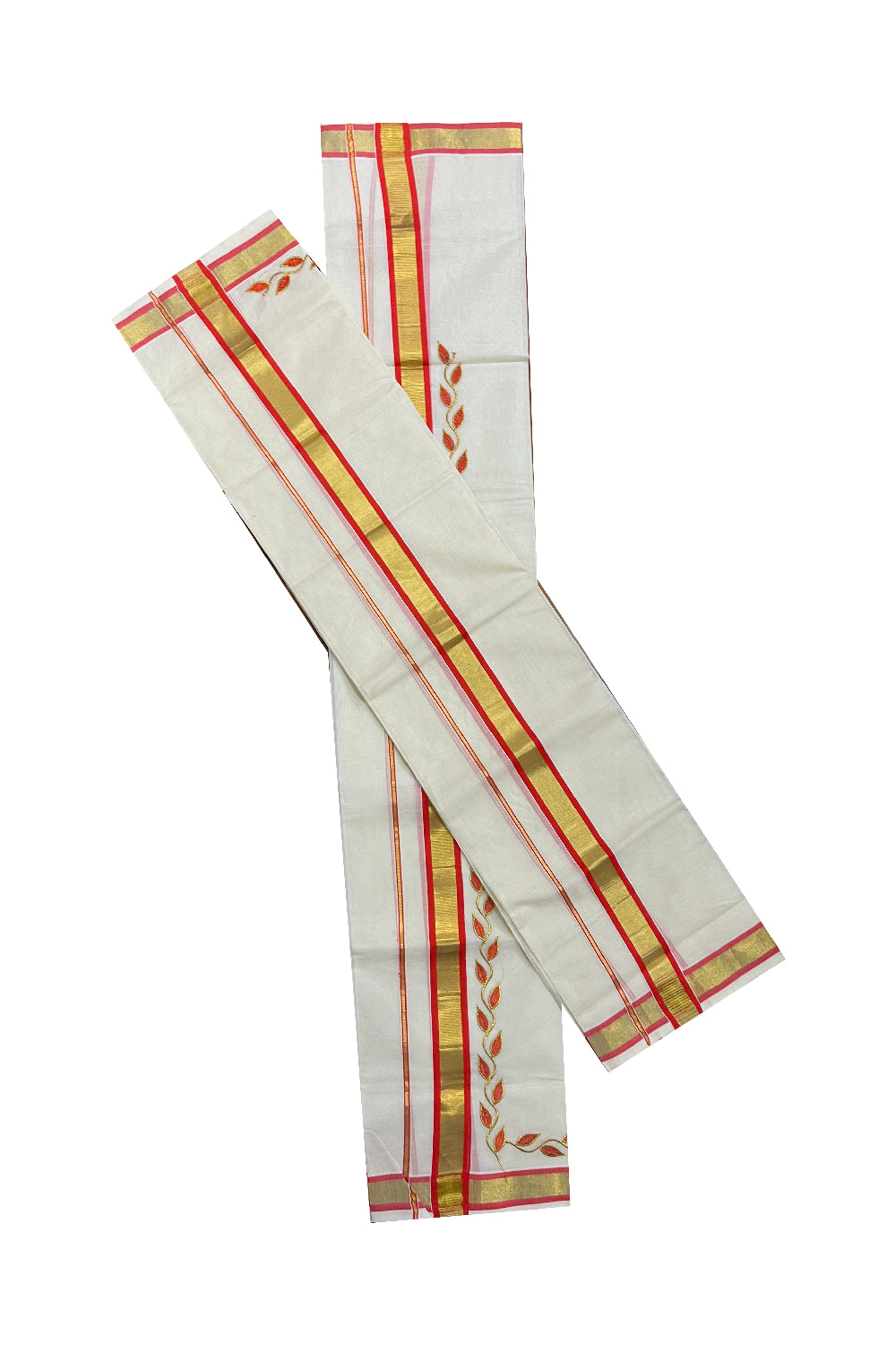 Kerala Cotton Mundum Neriyathum Single (Set Mundu) with Orange Golden Floral Embroidery Designs in Orange and Kasavu Border