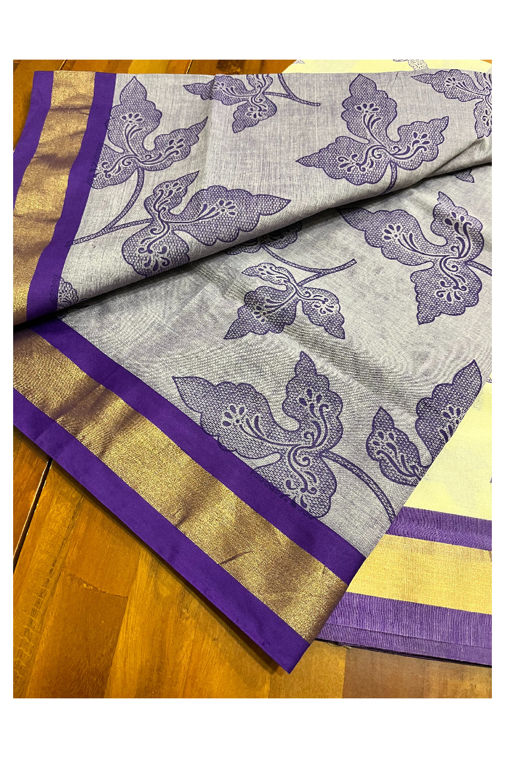 Pure Cotton Kerala Saree with Viole Block Print Leaf Designs and Kasavu Border (Vishu 2024 Collection)