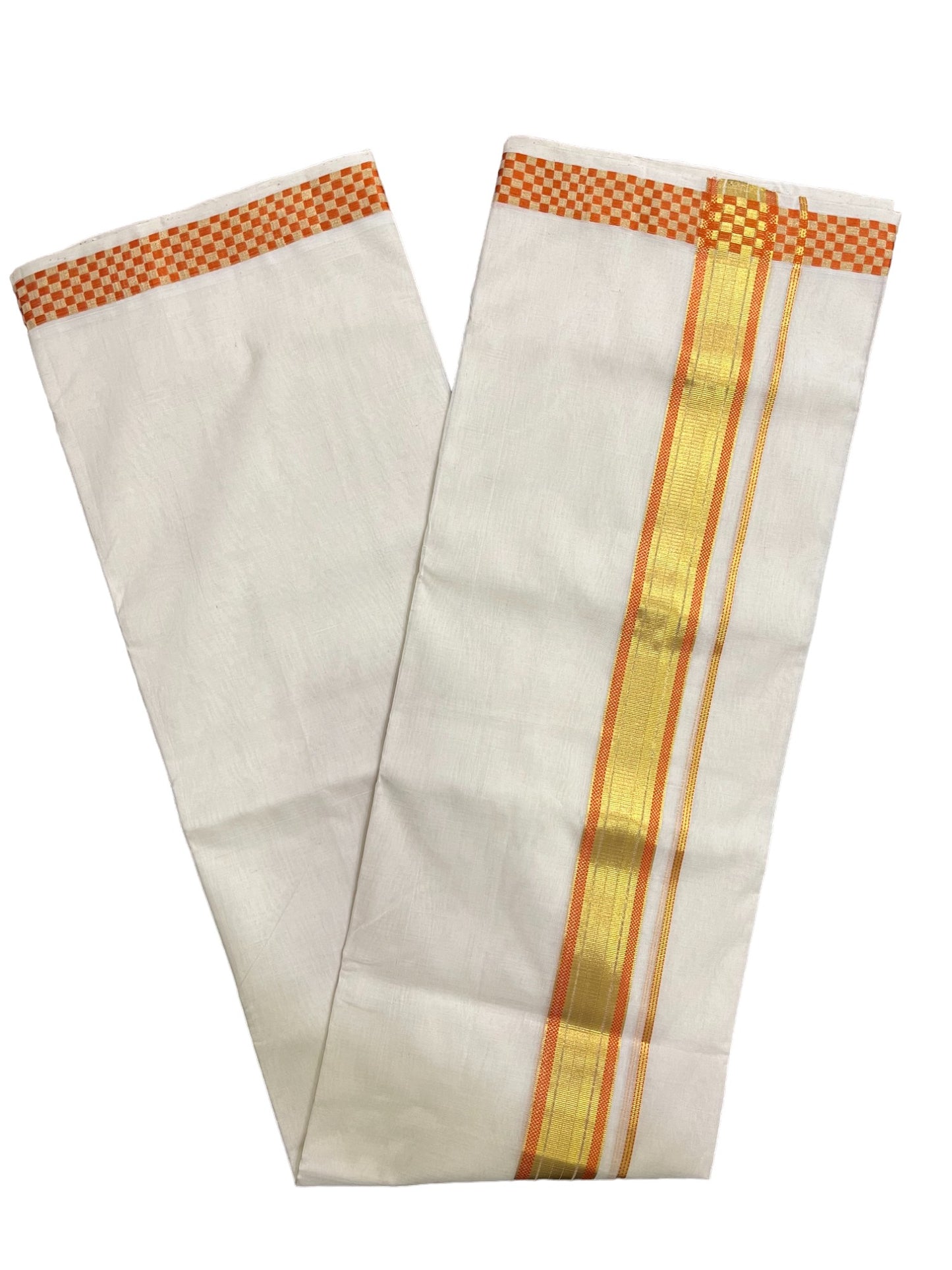 Premium Balaramapuram Handloom Unakkupaavu Cotton Double Mundu with Kasavu and Orange Paa Neythu Border (Onam 2024 Collection)