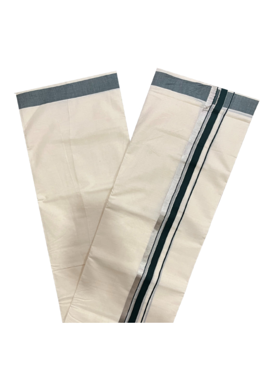 Pure Cotton Kerala Double Mundu with Dark Green and Silver Kasavu Kara (South Indian Kerala Dhoti)