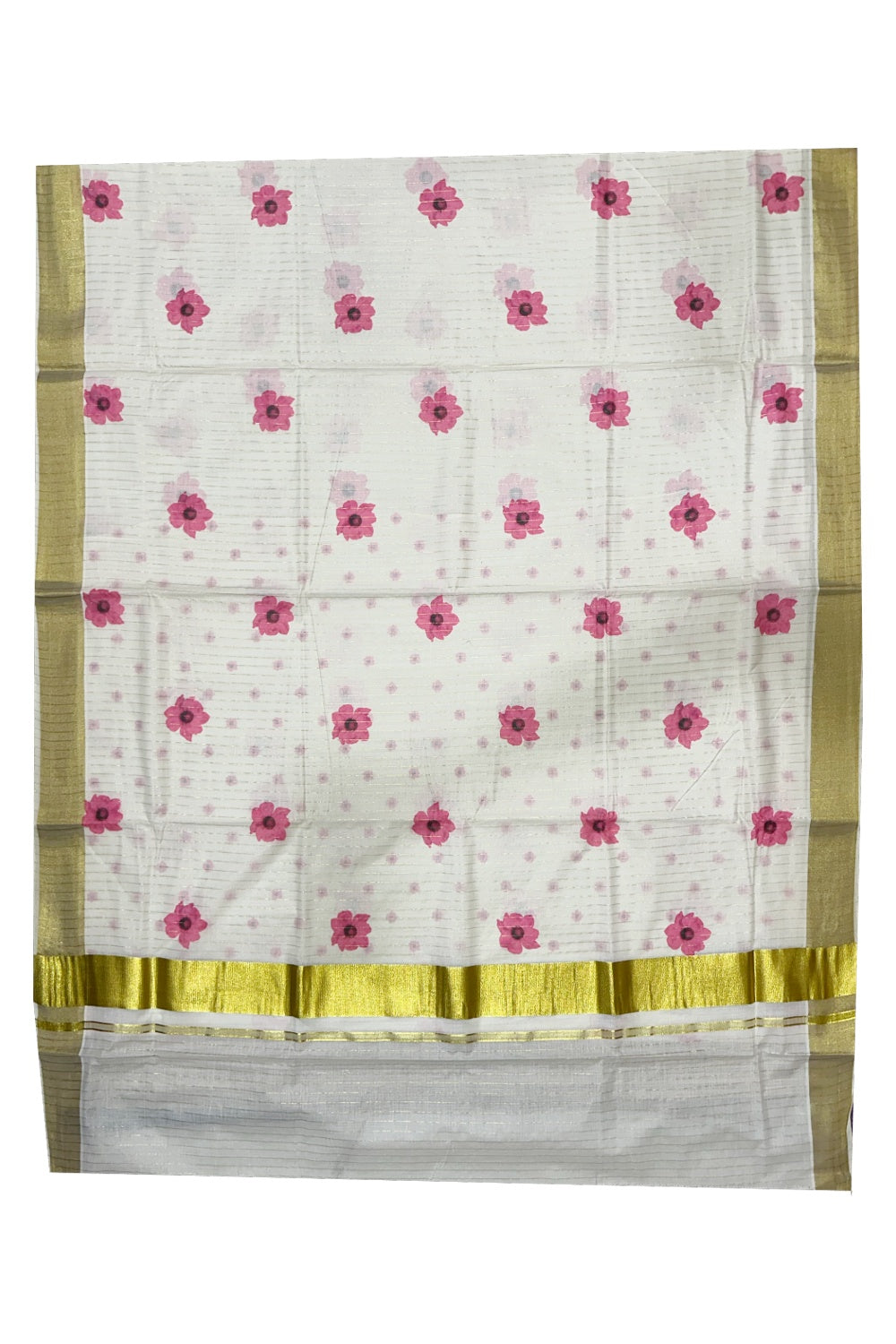 Southloom Onam Special Kasavu Lines Saree with Digital Printed Classy Floral Designs in Pink  (Printed Matching Blouse Included)