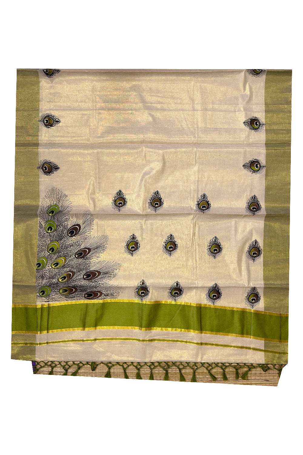 Kerala Tissue Kasavu Saree with Feather Block Prints and Light Green Border (Onam Saree 2023)