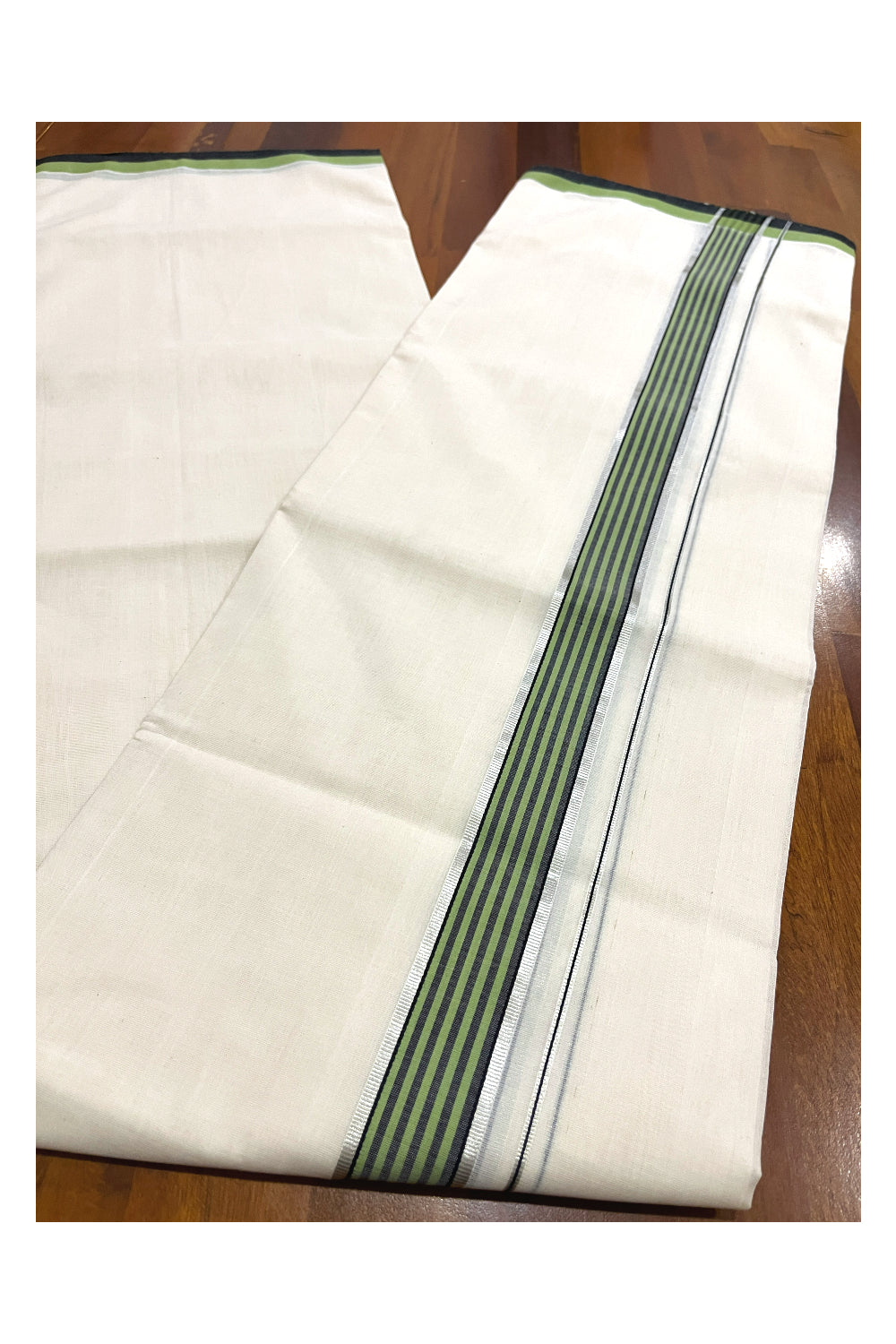 Southloom Premium Balaramapuram Unakkupaavu Handloom Mundu with Green Black and Silver Kasavu Border (South Indian Kerala Dhoti)