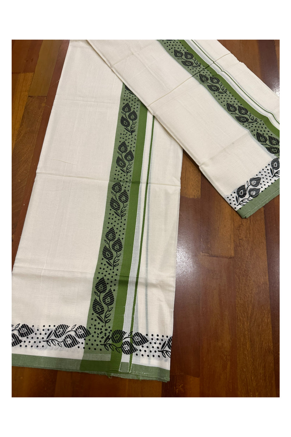 Kerala Cotton Set Mundu (Mundum Neriyathum) with Block Prints on Green Border (Onam Set Mundu 2023)