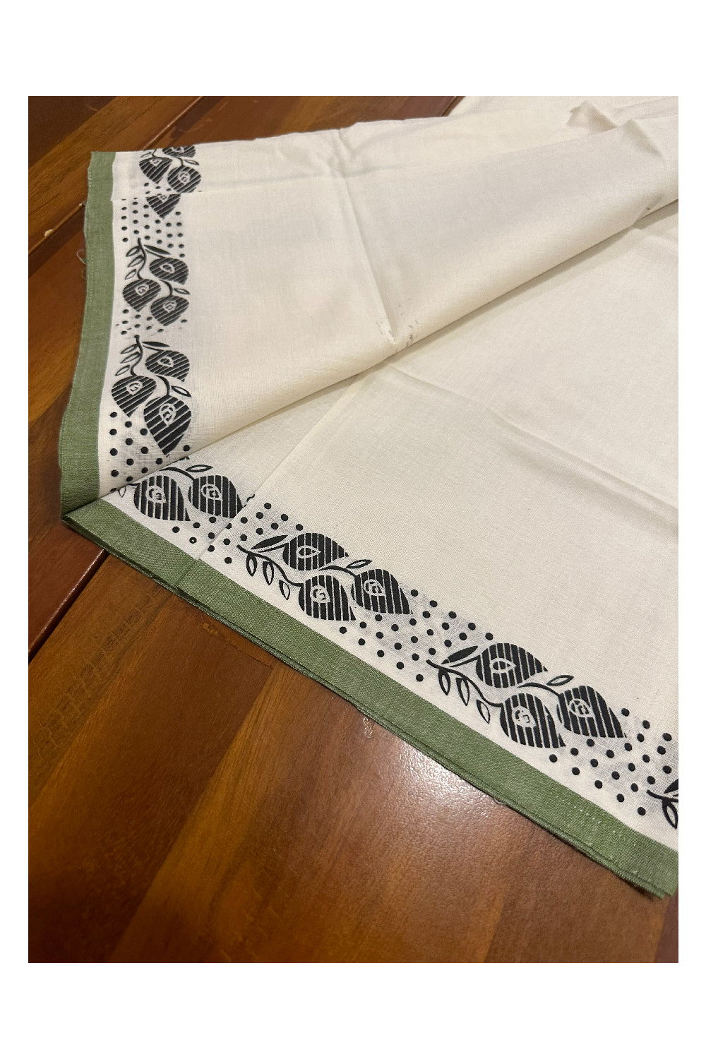 Kerala Cotton Set Mundu (Mundum Neriyathum) with Block Prints on Green Border (Onam Set Mundu 2023)