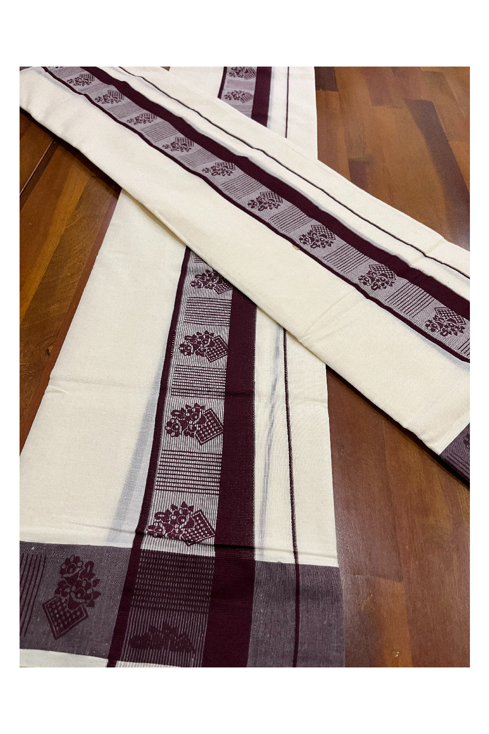 Southloom Pure Cotton Kerala Single Set Mundu with Purple Block Prints on Border (Onam Set Mundu 2023)